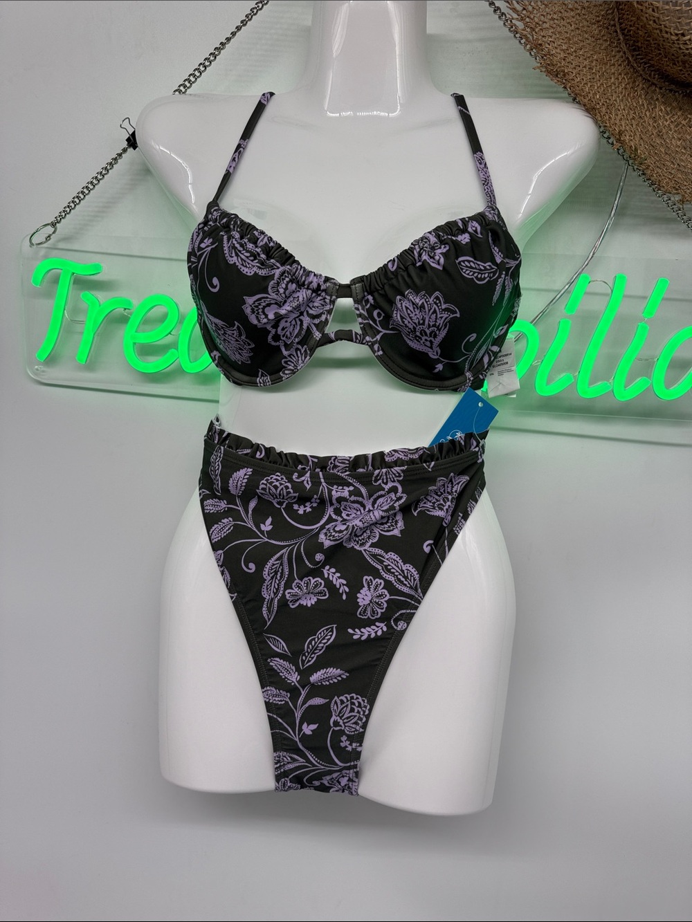 Cupshe Green Bikini with Lavender Floral Print